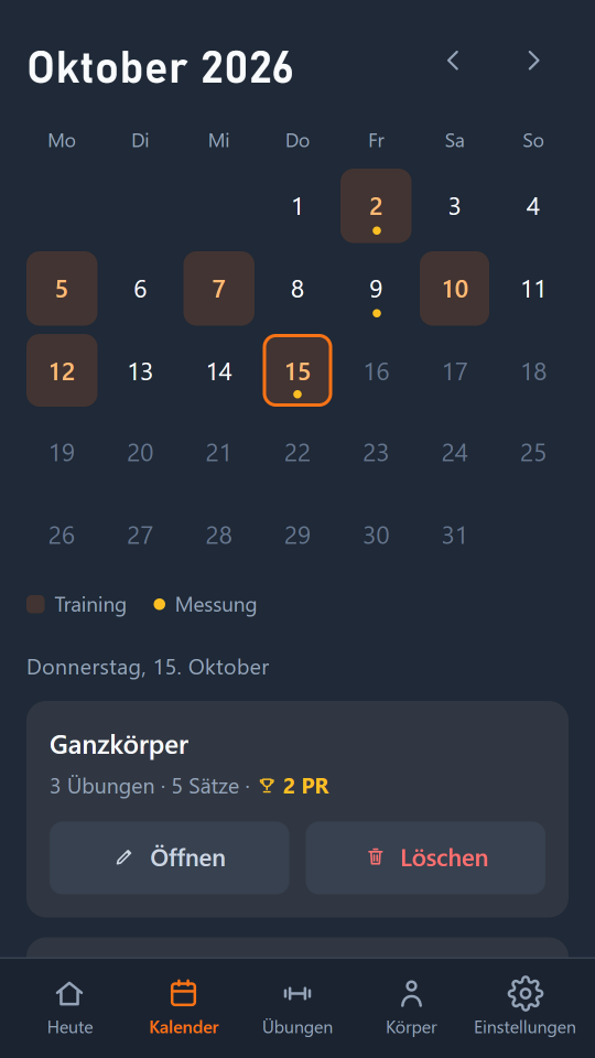 Askeo, Kalender für Oktober mit markierten Trainingstagen und dem Training „Ganzkörper“ mit zwei neuen Rekorden