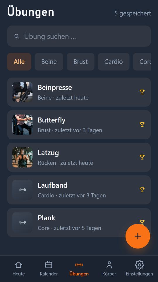 Askeo, Bildschirm „Übungen“: fünf eigene Übungen wie Beinpresse, Butterfly und Latzug, die meisten mit Foto vom Gerät