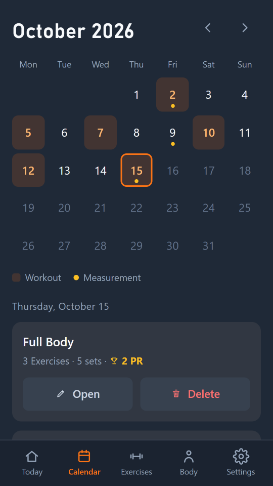 Askeo calendar for October with training days marked and the “Full Body” workout with two new records