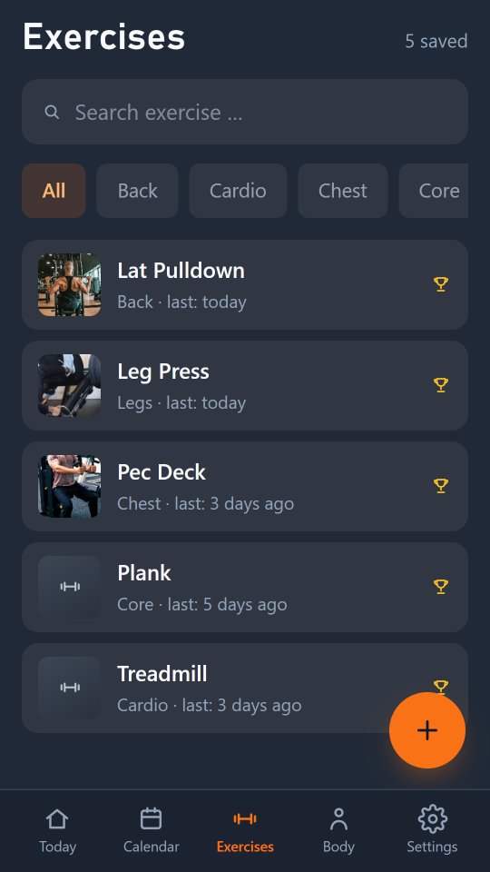 Askeo Exercises screen: five custom exercises such as Lat Pulldown, Leg Press and Pec Deck, most with a photo of the machine